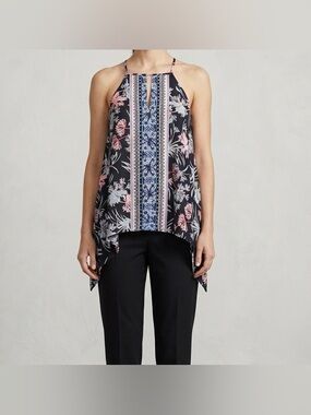 Express Floral Halter Tank Top NWT S Black Pink Blue Side Cutout Sharkbite Boho